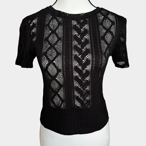 Zara Tops - Zara Black Lace Knit Short-Sleeve Womens Top Size S Ribbed Hem Elegant Design